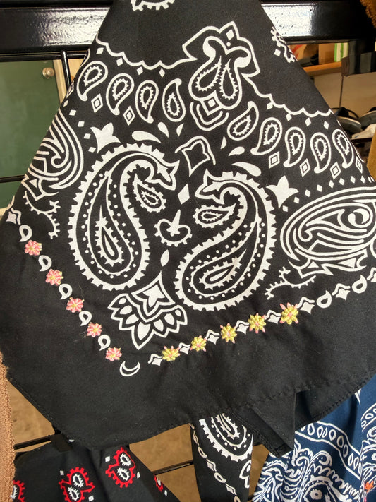 Black bandana with hand embroidered pink and yellow buttons